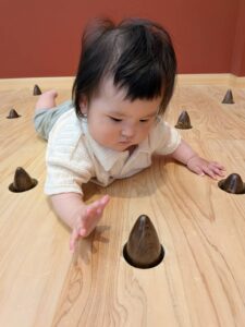 木の床でハイハイしながら木のおもちゃへ手を伸ばす赤ちゃん